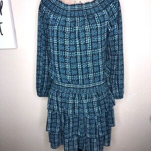 Michael Michael Kors Dress Houndstooth Teal Black & White Ruffle Dress Size L